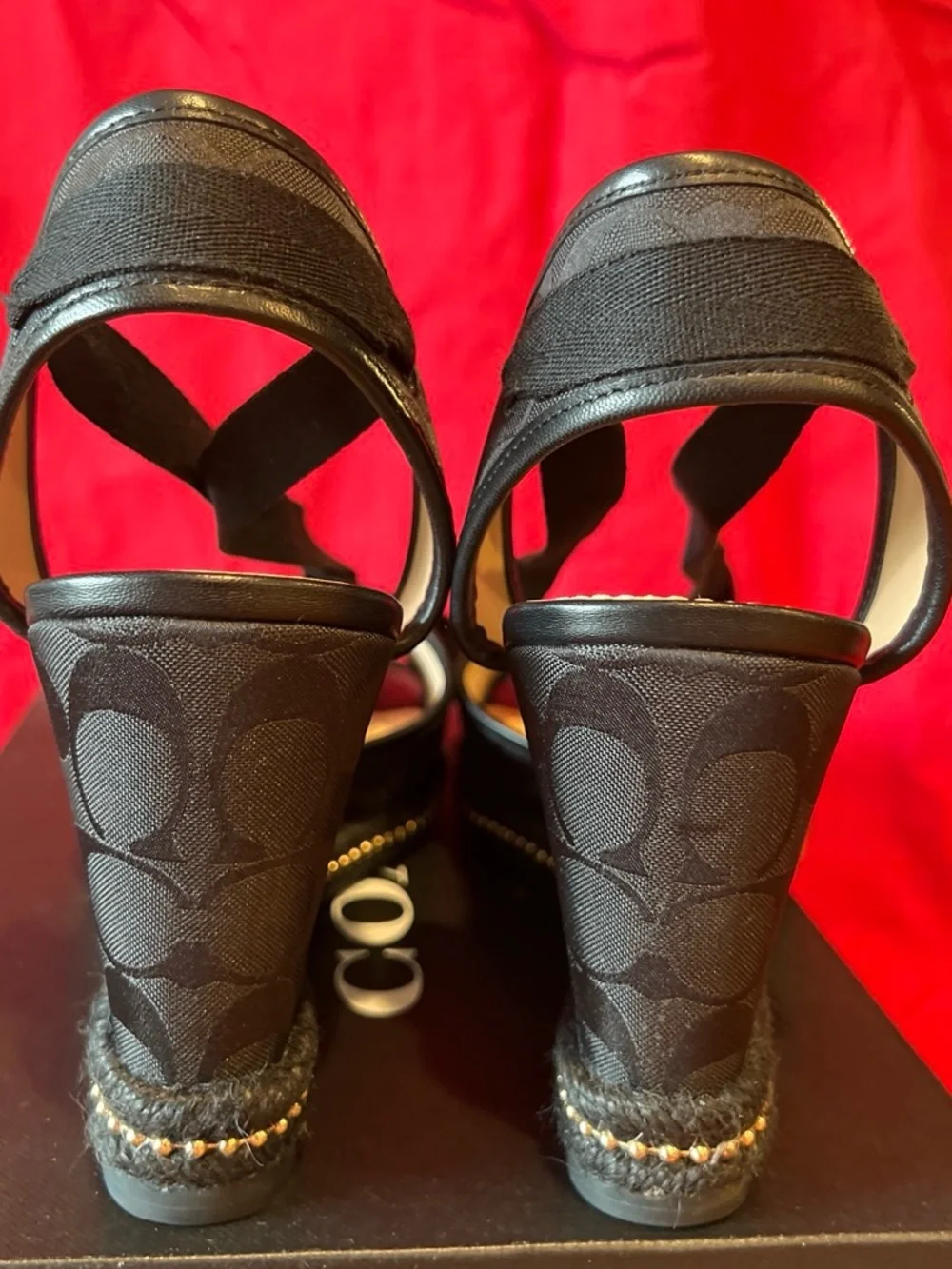 Coach Black Signature Espadrille Wedge Sandals with Gold Trim 9B